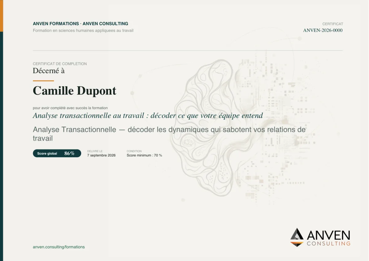 Aperçu du certificat de complétion ANVEN Formations