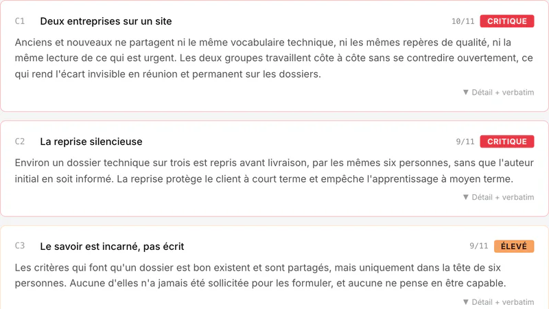 Espace client de démonstration : les constats, chacun avec son niveau de criticité, de critique à modéré